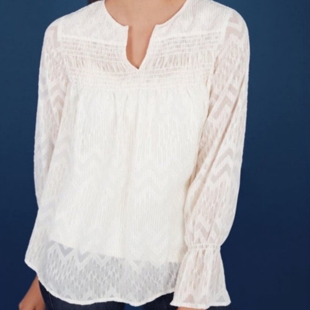 Stella & Dot Maette "Lyla" Sheer Off‎ White Chevron Metallic Blouse Top, Size M